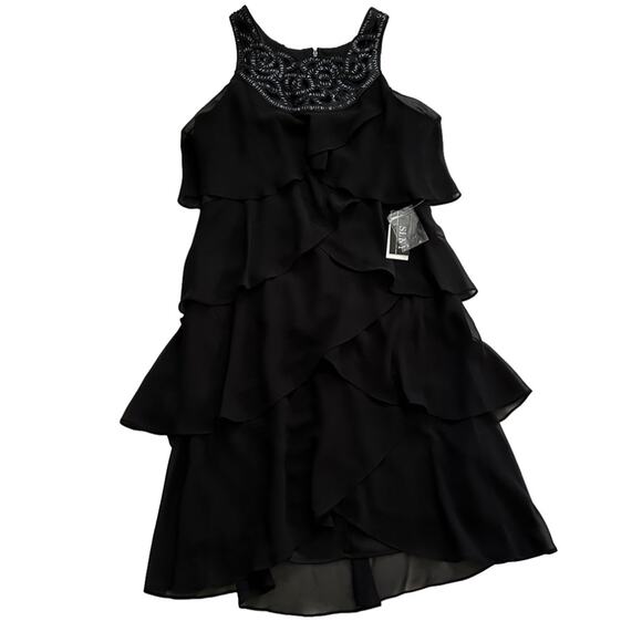 SLNY Dress Black Chiffon Beaded Neck Sleeveless Tiered Ruffle Cocktail 10 NEW - Picture 8 of 12